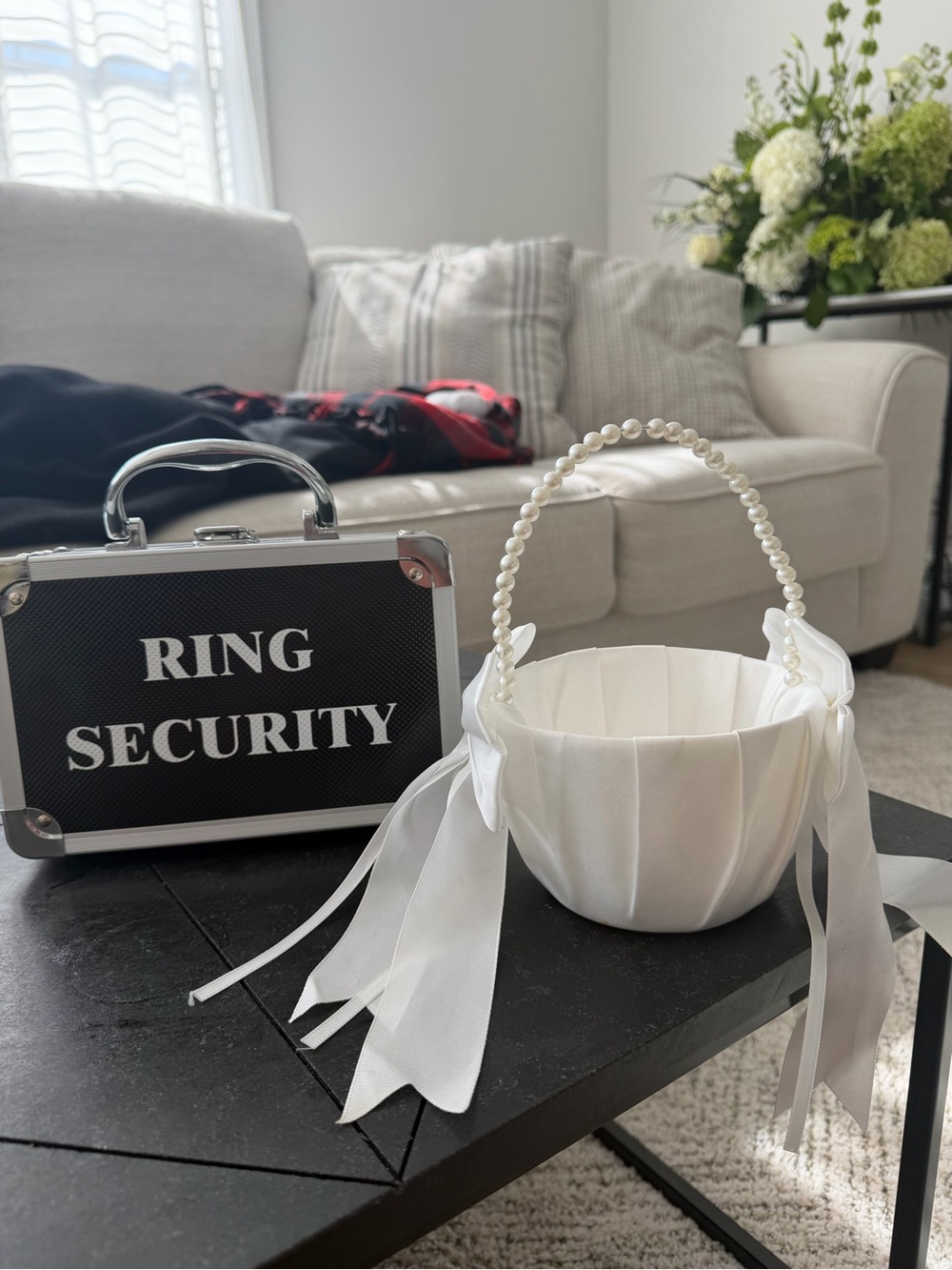 Ring Security Mini Case and White Flower Girl Basket Set